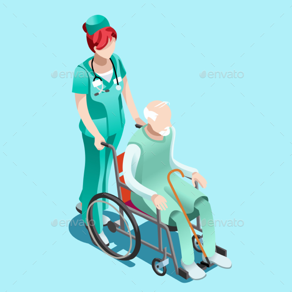 Vector Female Nurse and Patient in Wheelchair Isometric People - Vectors