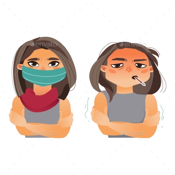 Woman Having Flu, Fever, Wearing Medical Mask - People Characters