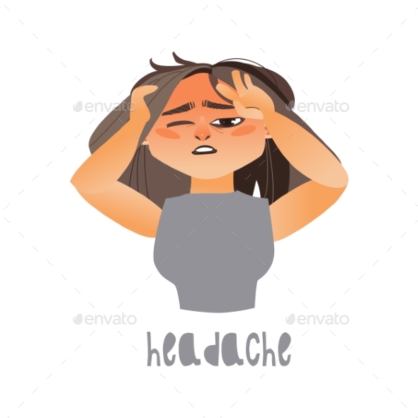 Vector Young Sick Girl Suffering From Headache - Health/Medicine Conceptual