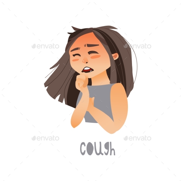 Vector Young Sick Girl Suffering From Cough. - Health/Medicine Conceptual