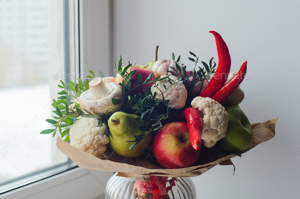 Bouquet of fruits, vegetables and mushrooms