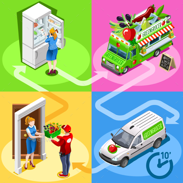 Food Truck Greengrocer Vegetable Home Delivery Vector Isometric - Food Objects