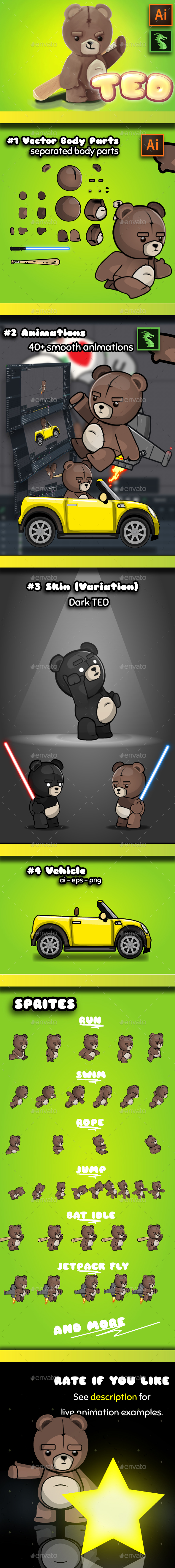 Teddy Bear 2D Game Character Sprites - Sprites Game Assets