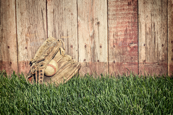 Old Baseball Mitt and Ball by Wood Fence