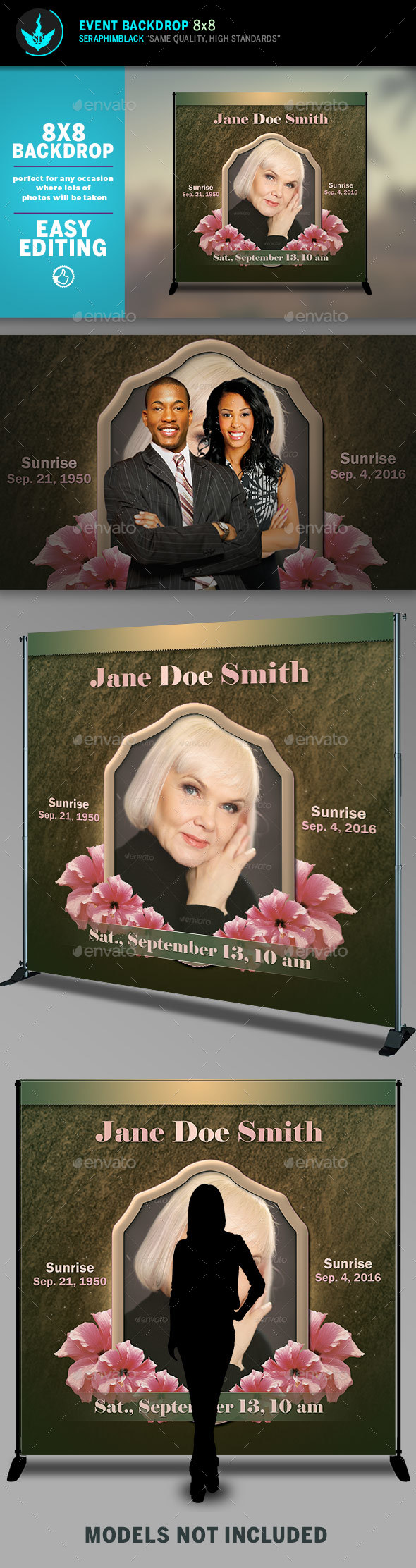 Vintage Green Funeral 8x8 Event Backdrop Template - Signage Print Templates