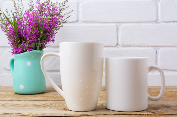 Two white coffee and cappuccino mug mockup with maroon purple fl