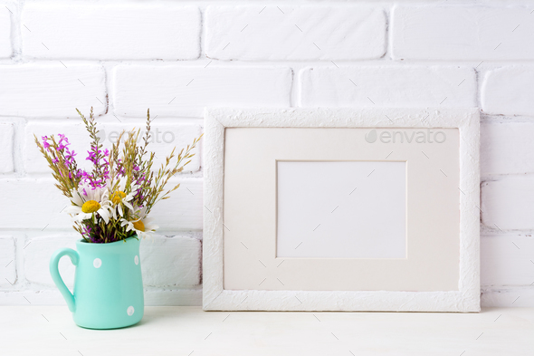 Download White Landscape Frame Mockup With Chamomile And Purple Flowers I Stock Photo By Tasipas PSD Mockup Templates