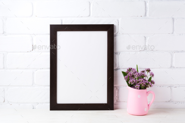 Black brown frame mockup with purple flowers in polka dot pink