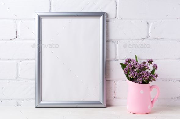 Silver frame mockup with purple flowers in pink rustic pitcher