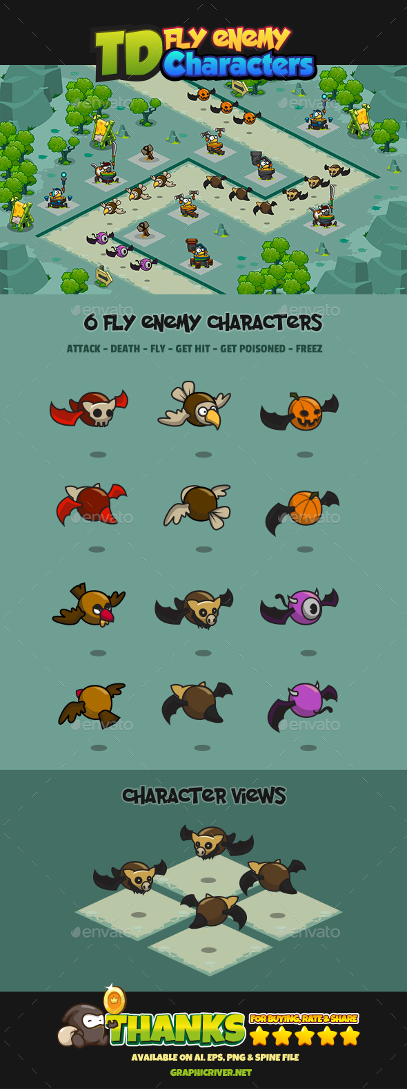 6 Fly Tower Defense Enemy - Sprites Game Assets
