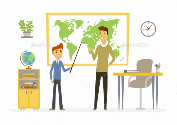 Geography Lesson at School - Modern Cartoon People - People Characters