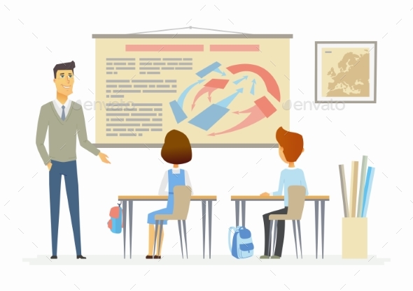 History Lesson at School - Modern Cartoon People - People Characters