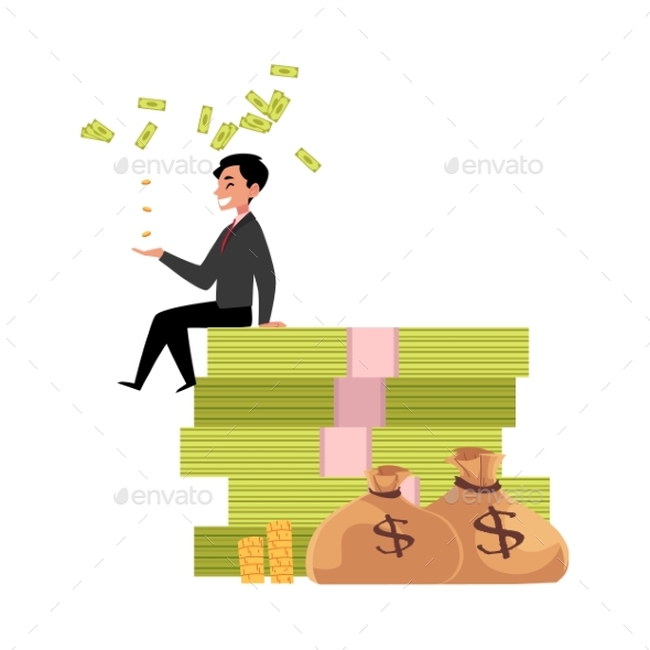 Vector Office Worker Sitting on Bundle of Money - Business Conceptual