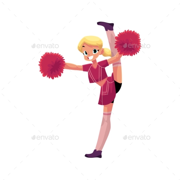 Vector Smiling Cheerleader Dancing with Pom-Poms - People Characters