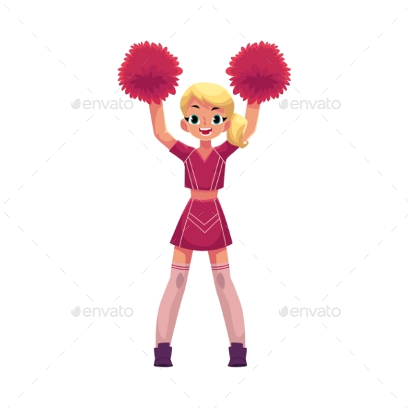 Vector Smiling Cheerleader Dancing with Pom-poms - People Characters
