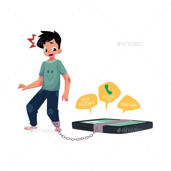 Boy Chained To Huge Smartphone, Phone Dependence - People Characters