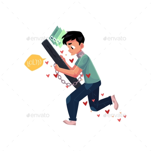 Boy Chained To Huge Smartphone, Phone Dependence - People Characters