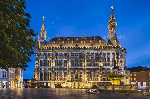 Old Aachen Town Hall At Night - Stock Photo - Images