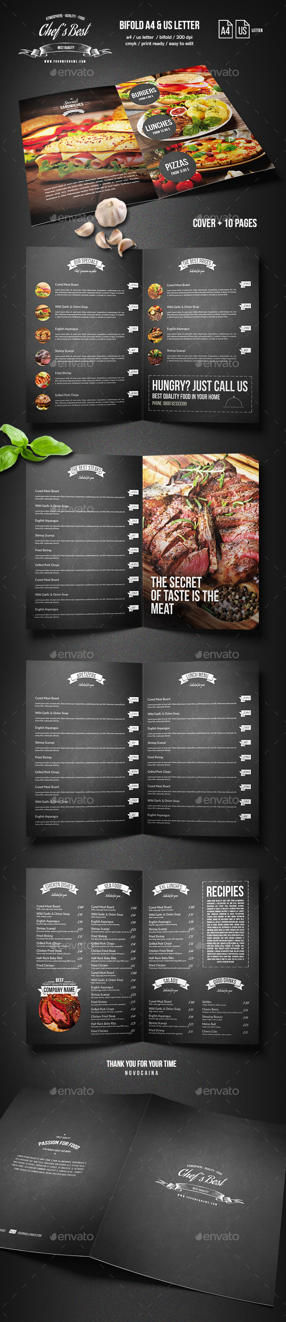 Chef's Bifold Restaurant Menu - A4 and US Letter - Food Menus Print Templates