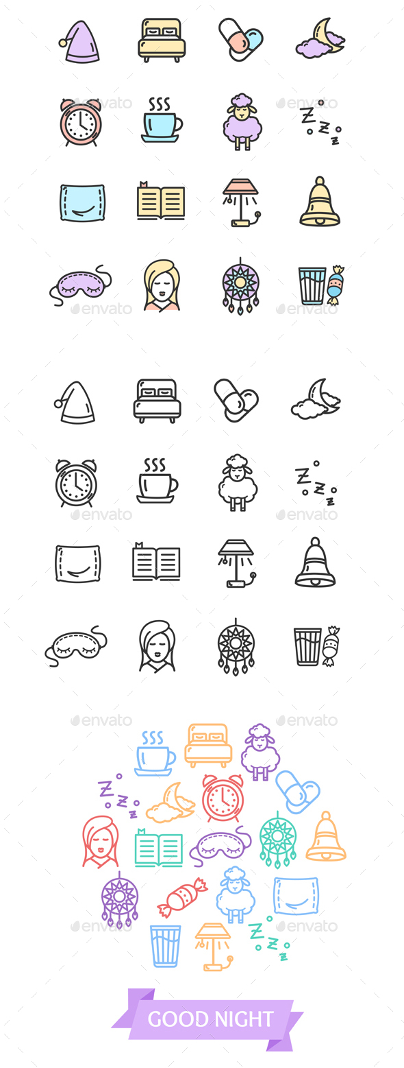 Sleeping and Insomnia Color Thin Line Icon Set - Miscellaneous Conceptual