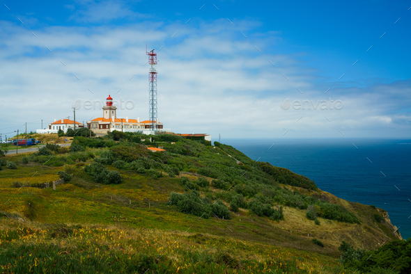 Red Lighthouse At Cape Cabo Da Roca, Portugal - Stock Photo - Images