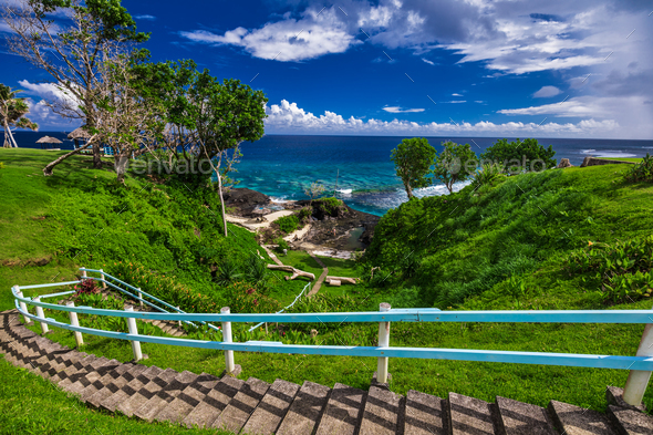 Stairs to the beach, tropical Upolu, Samoa Islands Stock Photo by mvaligursky