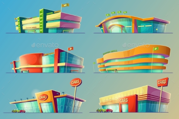 Set of Vector Cartoon Illustrations - Buildings Objects