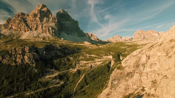 Evening aerial view of Dolomites in the Alps