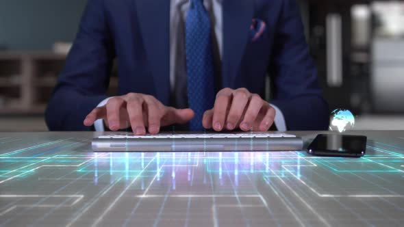 Businessman Writing On Hologram Table Economics Word  Investment
