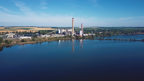 Flight Over Power Plant on the Lake Coast