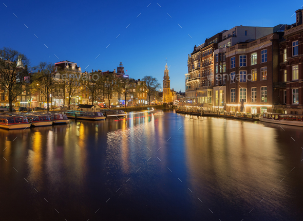 Beautiful night cityscape with traditional old houses in Amsterd - Stock Photo - Images
