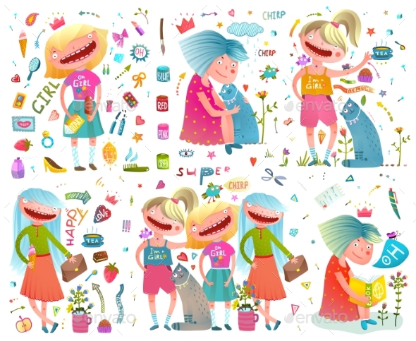 Girlfriends Girlish Cartoon Colorful - People Characters
