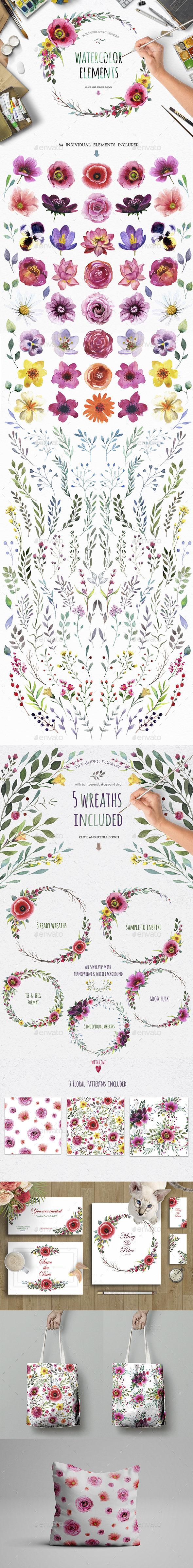 Watercolour Flower. Create Wreath - Illustrations Graphics