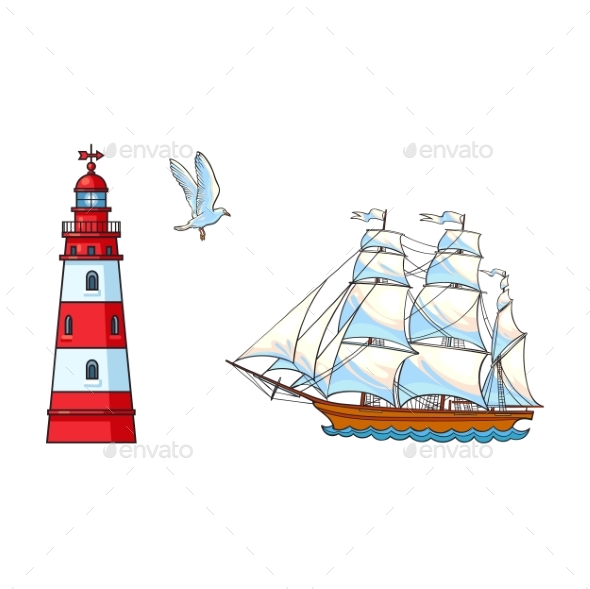 Sailing Ship, Lighthouse and Seagull Set - Man-made Objects Objects