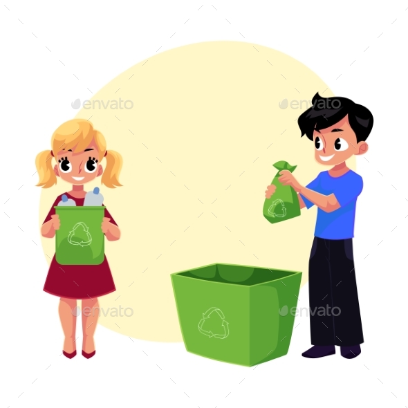 Kids, Children Throw Plastic Bottles in Trash - People Characters