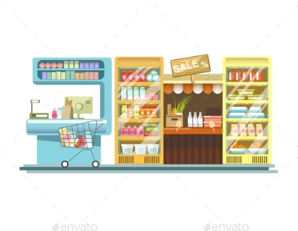 Shop Counters of Supermarket Store Product Stands - Food Objects