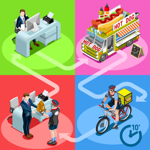 Food Truck Hot Dog Home Delivery Vector Isometric People - Food Objects