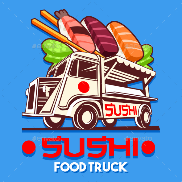 Food Truck Japanese Sushi Sashimi Delivery Service Vector Logo - Food Objects