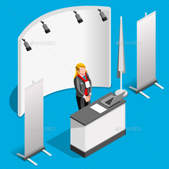 Booth Stand 3D Exhibition Isometric People Vector Illustration - People Characters