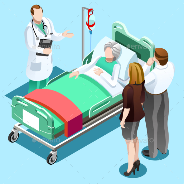 Doctor Talking with Old Patient Family Vector Isometric People - Health/Medicine Conceptual