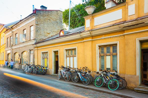 Tallinn, Estonia. Bicycles Rental Bikes Parking Near Old House I