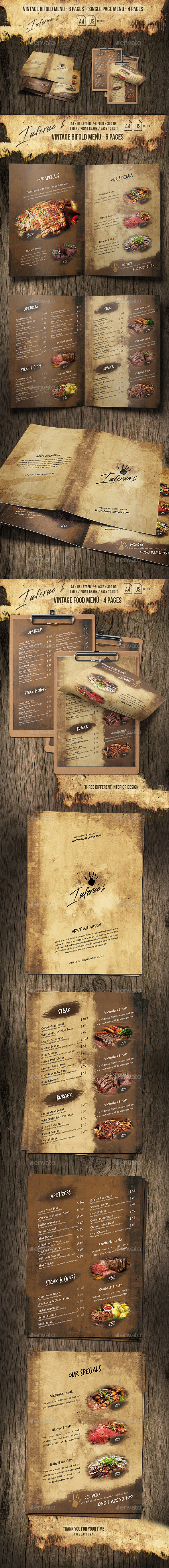 Infernos Vintage Menu - A4 and US Letter - 2 Designs - 10 Pages - Food Menus Print Templates