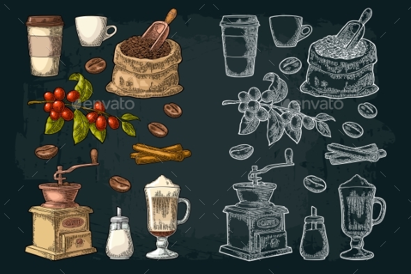 Set Coffee. Glass Latte, Hand Hold Cup. Branch - Food Objects
