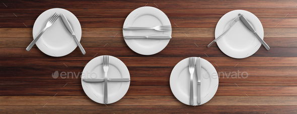 Place Settings, waiter signals on wooden background. 3d illustration