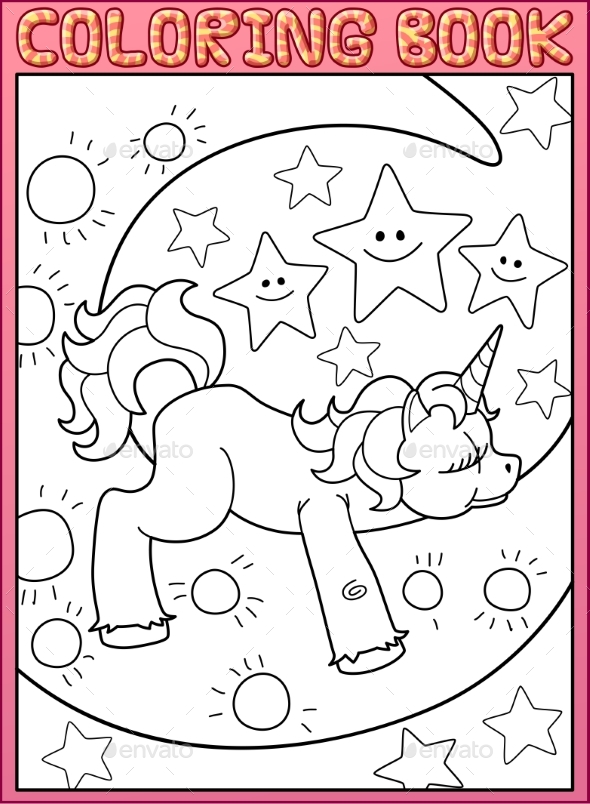 Coloring Book Page Cute Little Unicorn on the Moon