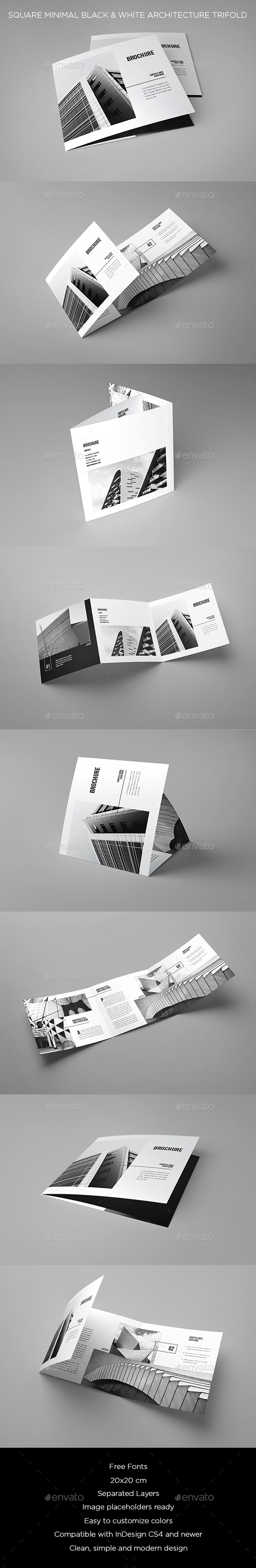 Square Minimal Black & White Architecture Trifold - Brochures Print Templates