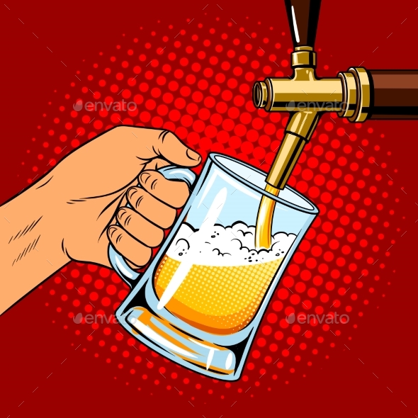 Beer Pours Into Glass From Beer Tap Pop Art Vector