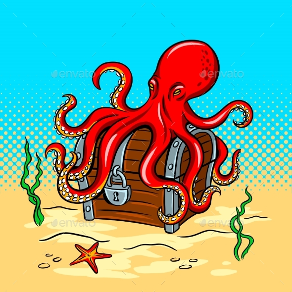 Octopus Guards Treasure Chest Pop Art Vector