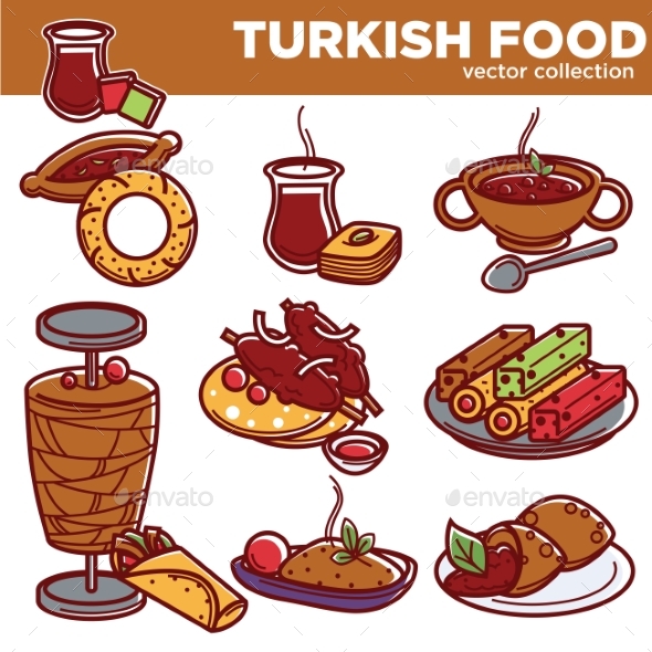 Turkish Food Cuisine Dishes Vector Icons - Food Objects