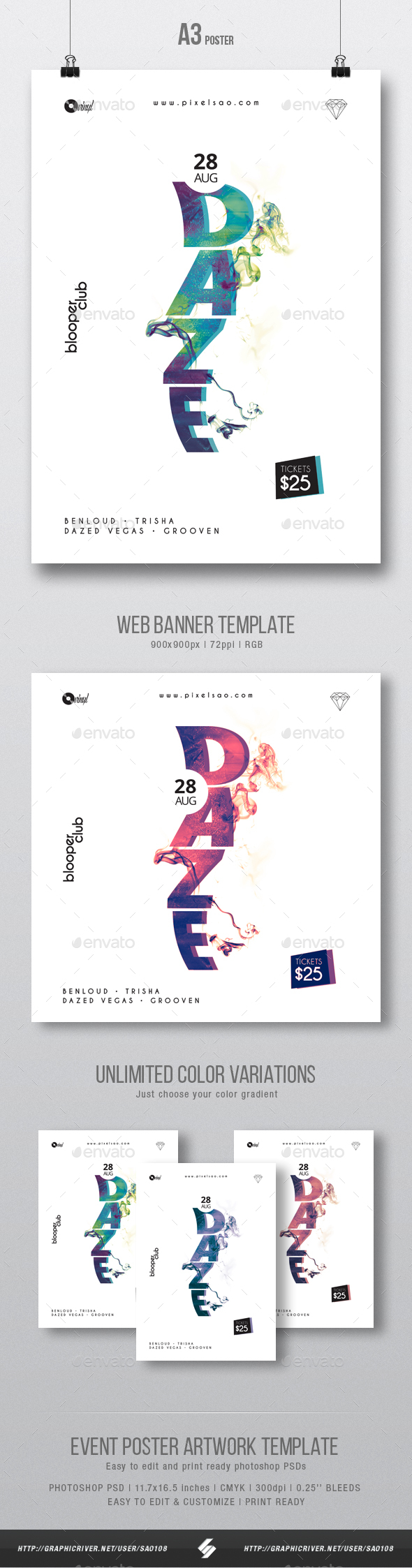 Daze - Minimal Party Flyer / Poster Artwork Template A3 - Clubs & Parties Events